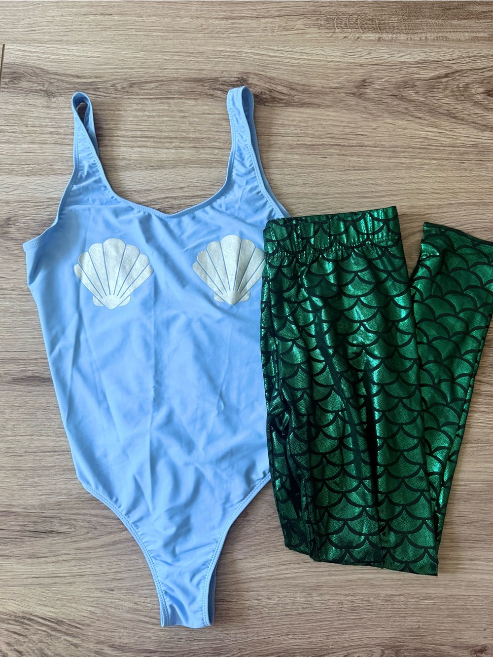 Mermaid Seashell One-Piece Swimsuit with Metallic Green Scale Leggings
